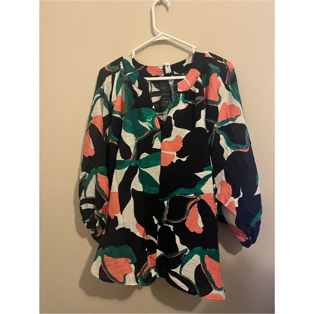 Nine West Abstract Floral Split-Neck Blouse in Coral, Green & Black